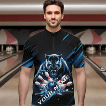 Load image into Gallery viewer, Custom Black And Blue Panther Bowling Quarter-Zip Shirts For Men, Bowling Team Uniform IPHW8563