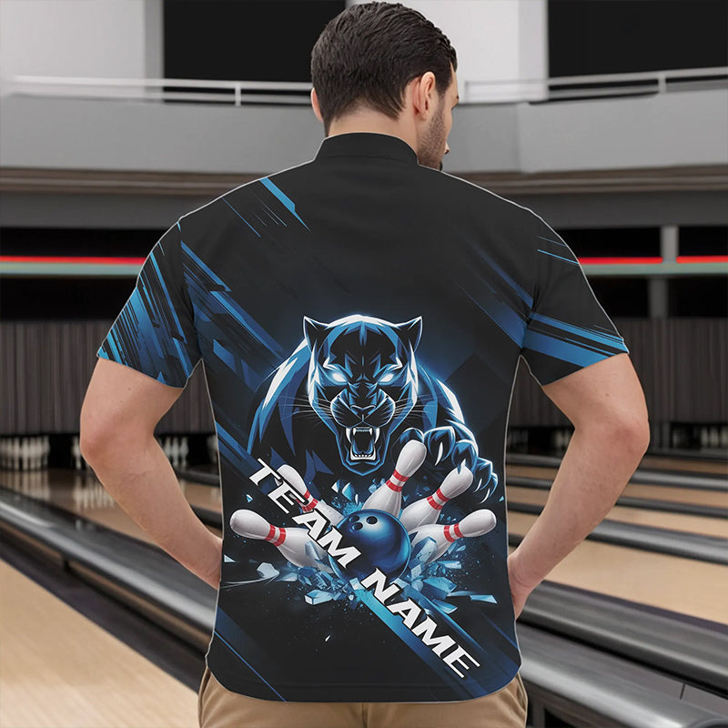 Custom Black And Blue Panther Bowling Quarter-Zip Shirts For Men, Bowling Team Uniform IPHW8563