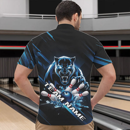 Custom Black And Blue Panther Bowling Quarter-Zip Shirts For Men, Bowling Team Uniform IPHW8563
