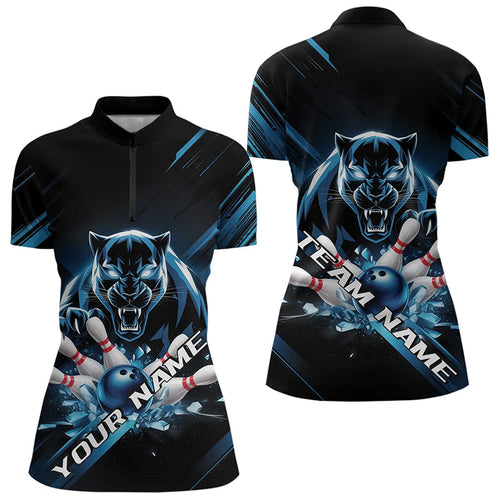 Custom Black And Blue Panther Bowling Womens Quarter-Zip Shirts, Bowling Team Uniform IPHW8563