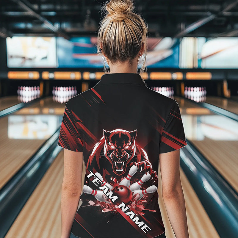 Custom Black And Red Panther Bowling Womens Quarter-Zip Shirts, Bowling Team Uniform IPHW8564