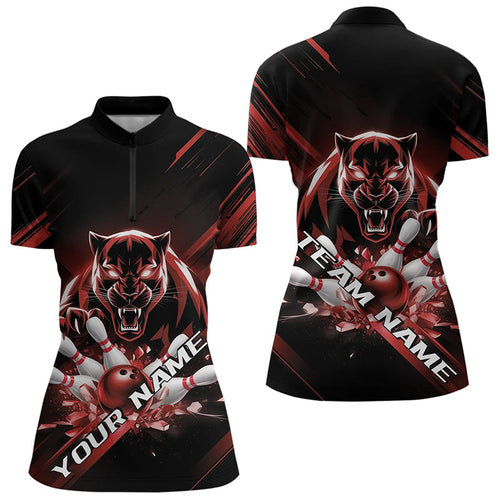 Custom Black And Red Panther Bowling Womens Quarter-Zip Shirts, Bowling Team Uniform IPHW8564