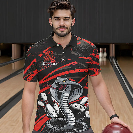 Custom Black And Red Cobra Snake Bowling Team Polo Shirts For Men, Bowling League Shirts IPHW8565