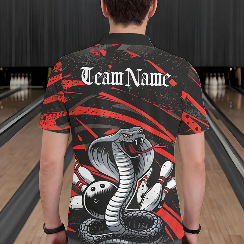 Custom Black And Red Cobra Snake Bowling Team Polo Shirts For Men, Bowling League Shirts IPHW8565