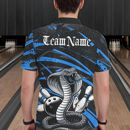 Custom Black And Blue Cobra Snake Bowling Team Polo Shirts For Men, Bowling League Shirts IPHW8566
