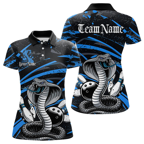 Custom Black And Blue Cobra Snake Bowling Team Polo Shirts For Women, Bowling League Shirts IPHW8566