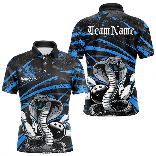 Custom Black And Blue Cobra Snake Bowling Team Polo Shirts For Men, Bowling League Shirts IPHW8566