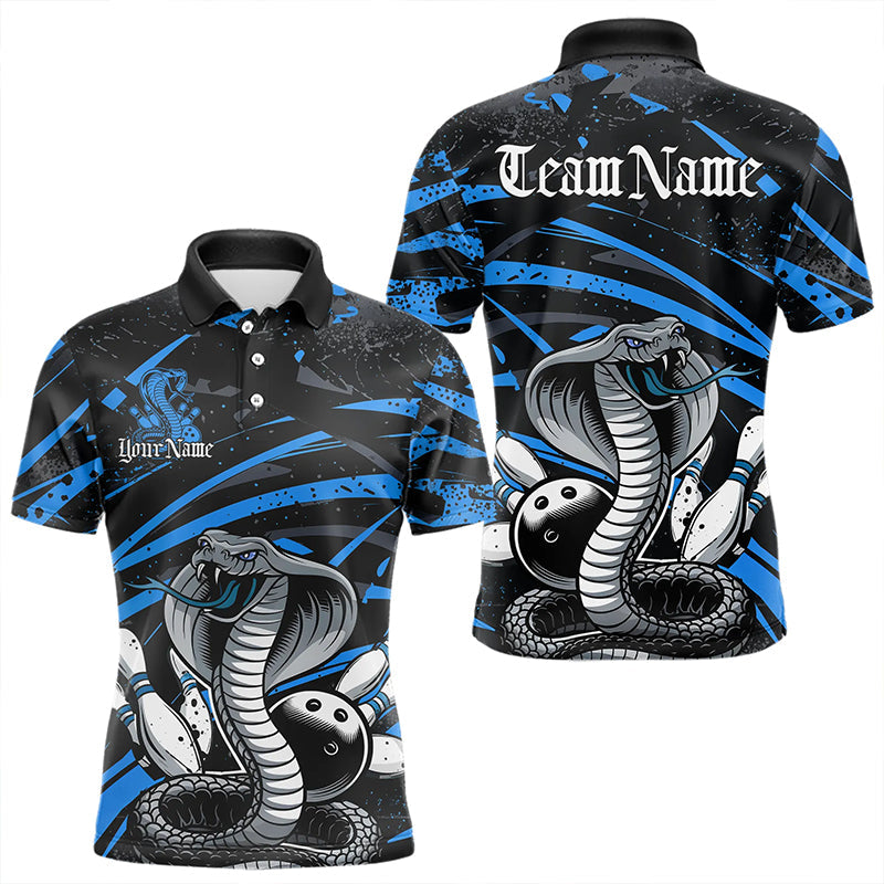 Custom Black And Blue Cobra Snake Bowling Team Polo Shirts For Men, Bowling League Shirts IPHW8566