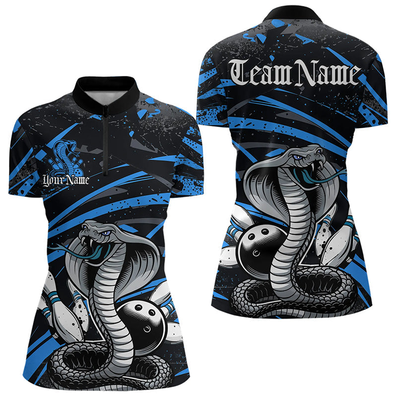 Custom Black And Blue Cobra Snake Bowling Womens Quarter-Zip Shirts, Bowling League Shirts IPHW8566