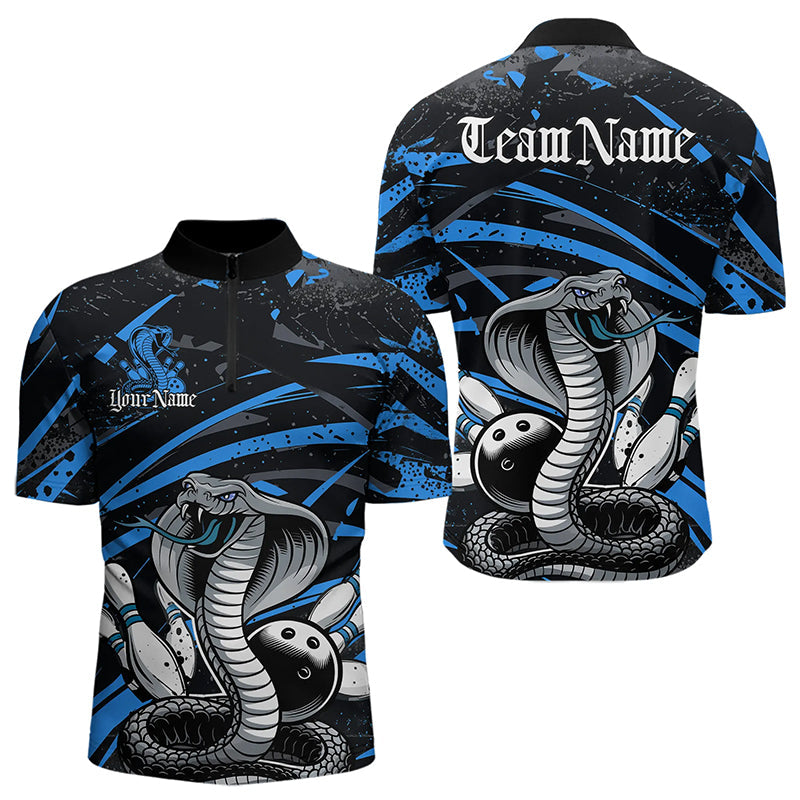 Custom Black And Blue Cobra Snake Bowling Team Quarter-Zip Shirts For Men, Bowling League Shirts IPHW8566