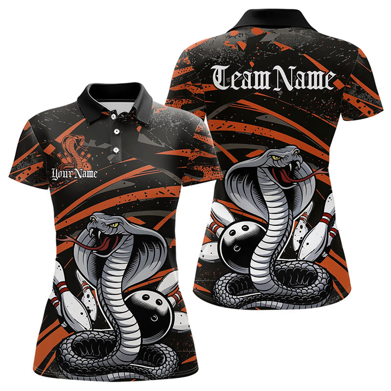 Custom Black And Orange Cobra Snake Bowling Team Womens Polo Shirts, Bowling League Shirts IPHW8567