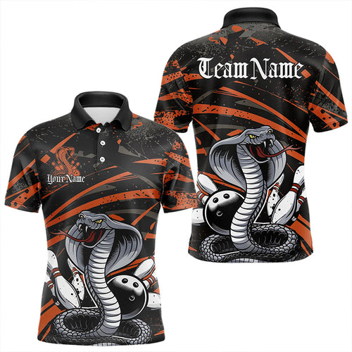 Custom Black And Orange Cobra Snake Bowling Team Polo Shirts For Men, Bowling League Shirts IPHW8567