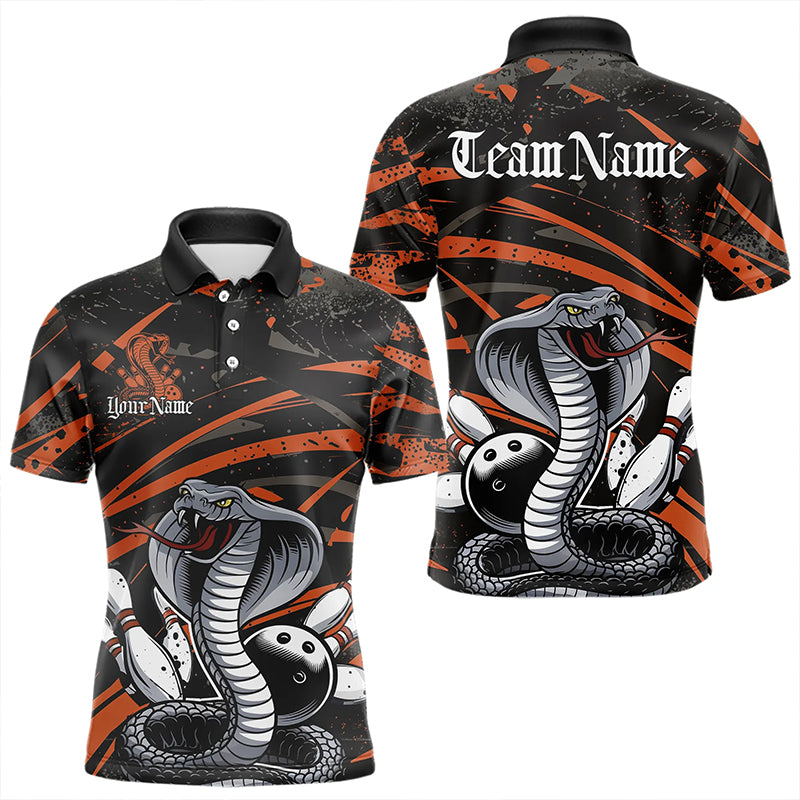 Custom Black And Orange Cobra Snake Bowling Team Polo Shirts For Men, Bowling League Shirts IPHW8567