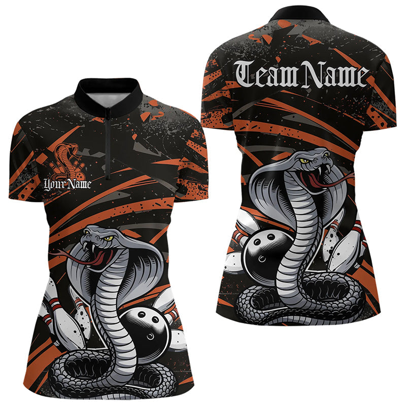 Custom Black And Orange Cobra Snake Bowling Womens Quarter-Zip Shirt, Bowling League Shirts IPHW8567