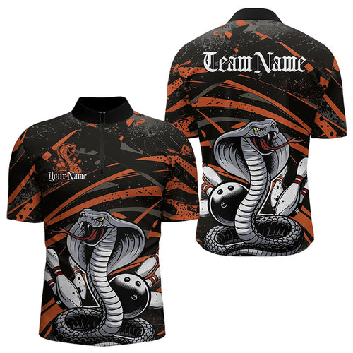 Custom Black And Orange Cobra Snake Bowling Team Quarter-Zip Shirts For Men, Bowling League Shirts IPHW8567