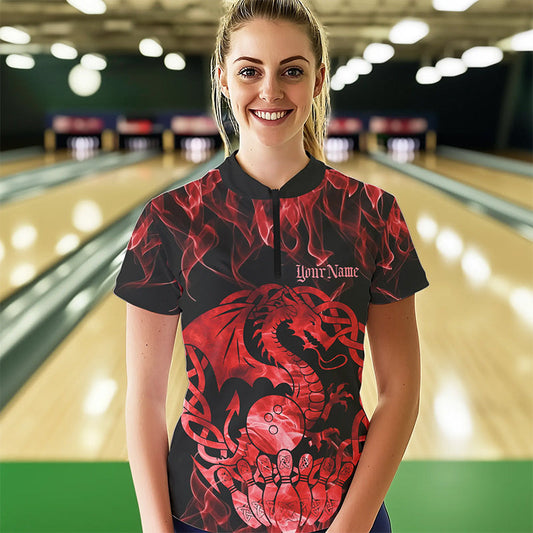 Custom Red Fire Viking Dragon Bowling Women Quarter-Zip Team Shirts, Celtic Bowling Shirts IPHW8873