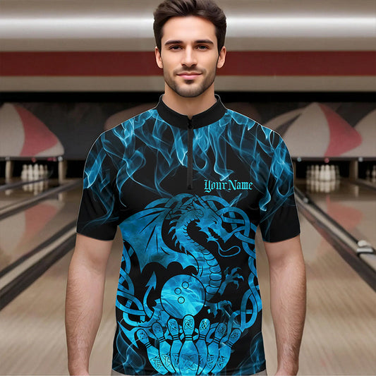 Custom Blue Fire Flame Viking Dragon Bowling Quarter-Zip Team Shirts For Men, Celtic Bowling Shirt IPHW8874