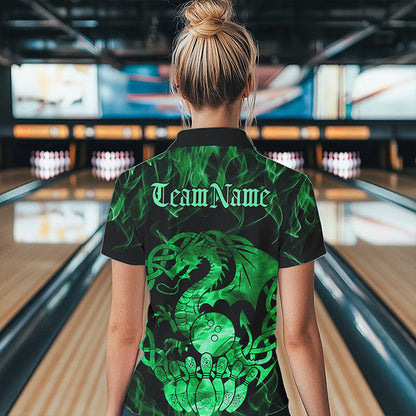 Custom Green Fire Viking Dragon Bowling Women Quarter-Zip Team Shirt, Celtic Bowling Shirts IPHW8875