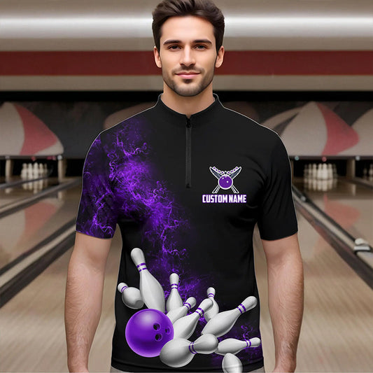 Custom Purple Strike Bowling Quarter-Zip Shirts For Men Bowling Team Jerseys Bowling League Shirts IPHW8879