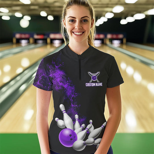 Custom Purple Strike Bowling Women Quarter-Zip Shirts Team Jerseys Bowling League Shirts IPHW8879