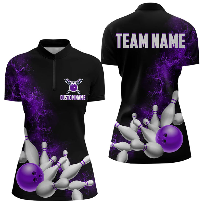 Custom Purple Strike Bowling Women Quarter-Zip Shirts Team Jerseys Bowling League Shirts IPHW8879