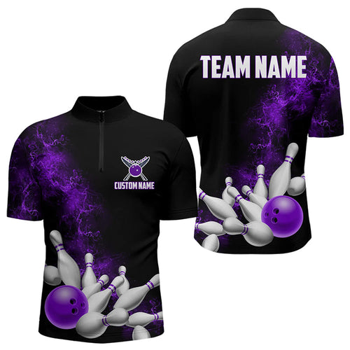 Custom Purple Strike Bowling Quarter-Zip Shirts For Men Bowling Team Jerseys Bowling League Shirts IPHW8879