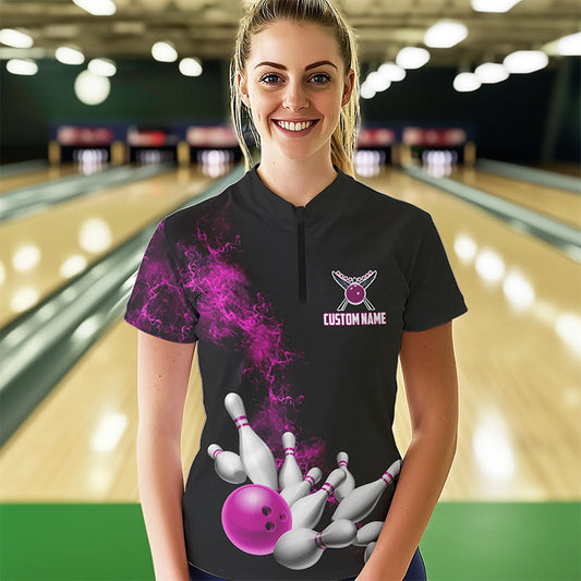 Custom Pink Strike Bowling Women Quarter-Zip Shirts Team Jerseys Bowling League Shirts IPHW8880