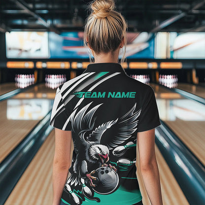 Custom Black And Blue Eagle Bowling Jerseys, Bowling Team Women Polo Shirts Bowlers Outfits IPHW8887