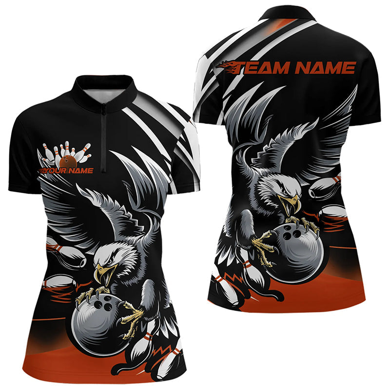 Custom Black And Orange Eagle Bowling Jerseys, Bowling Team Women Quarter-Zip Shirts IPHW8888