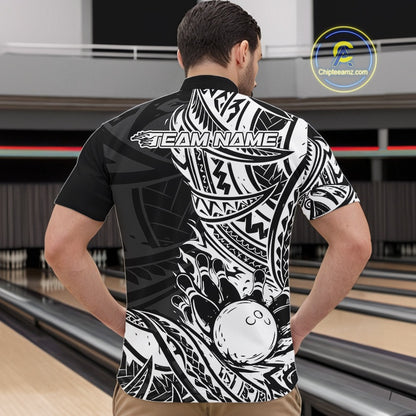 Custom Black And White Maori Style Koru Spiral Tribal Men Bowling Quarter-Zip Team Shirt IPHW10955