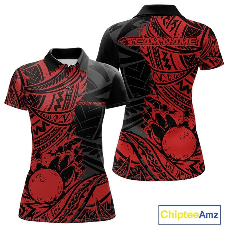 Custom Black And Red Maori Style Koru Spiral Tribal Women Bowling Polo Team Shirt IPHW10956