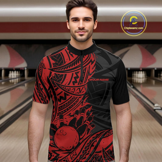Custom Black And Red Maori Style Koru Spiral Tribal Men Bowling Quarter-Zip Team Shirt IPHW10956