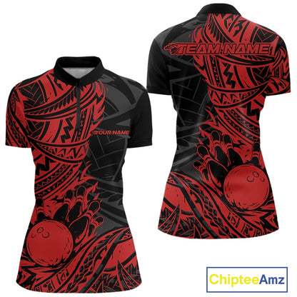 Custom Black And Red Maori Style Koru Spiral Tribal Women Bowling Quarter-Zip Team Shirt IPHW10956