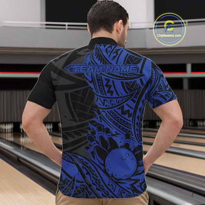 Custom Black And Blue Maori Style Koru Spiral Tribal Men Bowling Quarter-Zip Team Shirt IPHW10957