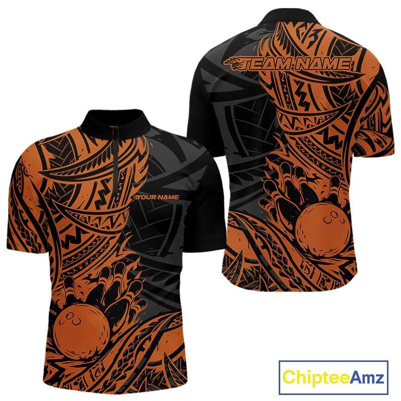 Custom Black And Orange Maori Style Koru Spiral Tribal Men Bowling Quarter-Zip Team Shirt IPHW10958