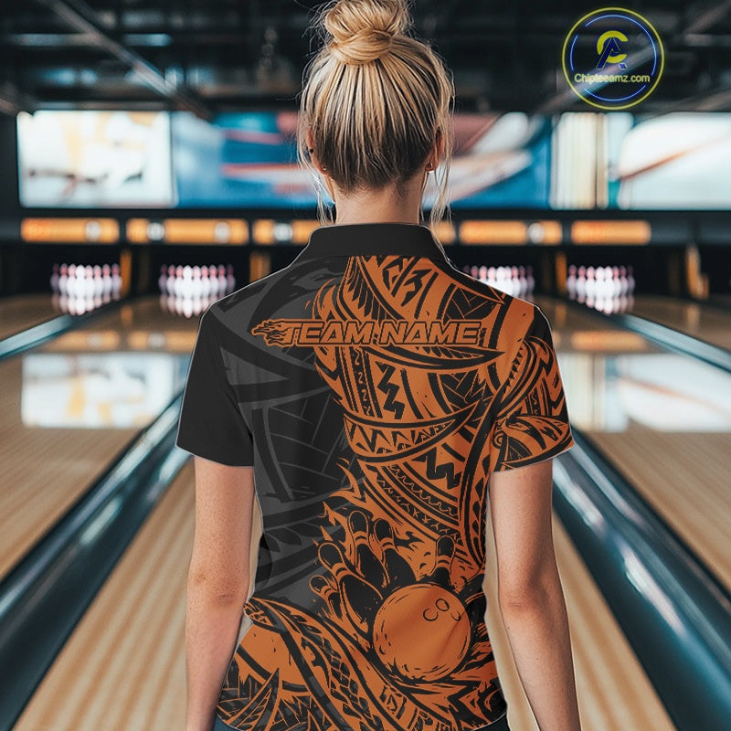 Custom Black And Orange Maori Style Koru Spiral Tribal Women Bowling Quarter-Zip Shirt IPHW10958