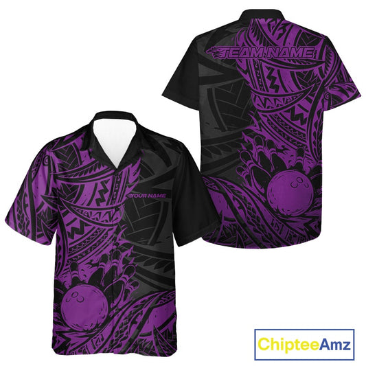 Custom Black And Purple Maori Style Koru Spiral Tribal Men And Women Bowling Hawaiian Team Shirt IPHW10959