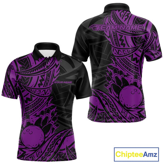 Custom Black And Purple Maori Style Koru Spiral Tribal Men Bowling Polo Team Shirt IPHW10959