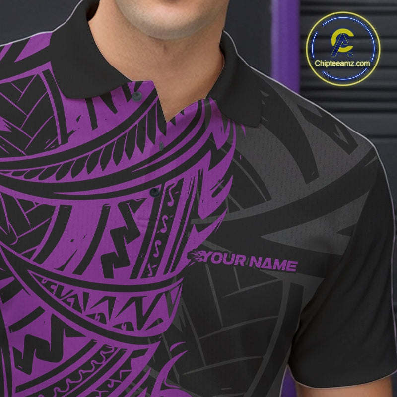 Black and purple patterned shirt with 'Your Name' text on a blurred background