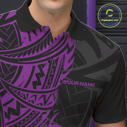 Black and purple patterned shirt with 'Your Name' text on a blurred background