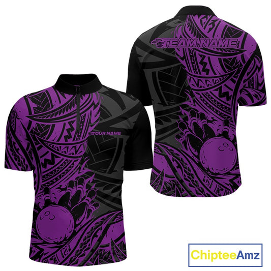 Custom Black And Purple Maori Style Koru Spiral Tribal Men Bowling Quarter-Zip Team Shirt IPHW10959