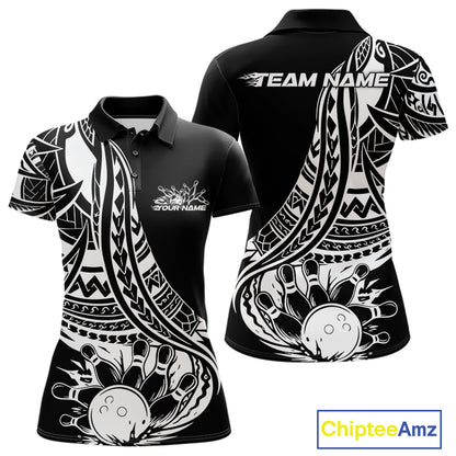 Custom Black And White Maori Style Koru Spiral Tribal Women Bowling Polo Team Shirt IPHW10960