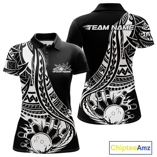 Custom Black And White Maori Style Koru Spiral Tribal Women Bowling Polo Team Shirt IPHW10960
