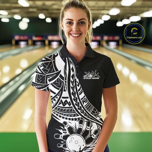 Custom Black And White Maori Style Koru Spiral Tribal Women Bowling Polo Team Shirt IPHW10960