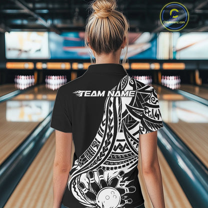 Custom Black And White Maori Style Koru Spiral Tribal Women Bowling Polo Team Shirt IPHW10960