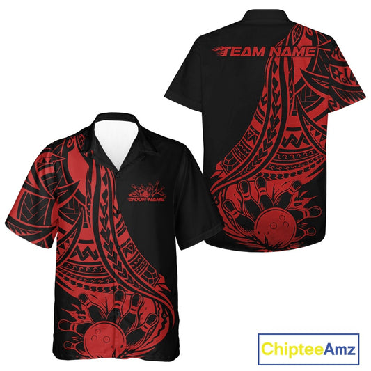 Custom Black And Red Maori Style Koru Spiral Tribal Men And Women Bowling Hawaiian Team Shirt IPHW10961