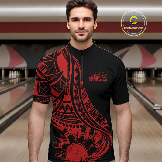 Custom Black And Red Maori Style Koru Spiral Tribal Men Bowling Quarter-Zip Team Shirt IPHW10961