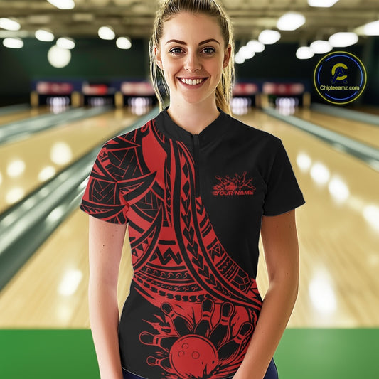 Custom Black And Red Maori Style Koru Spiral Tribal Women Bowling Quarter-Zip Team Shirt IPHW10961