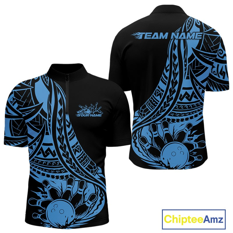 Custom Black And Blue Maori Style Koru Spiral Tribal Men Bowling Quarter-Zip Team Shirt IPHW10962