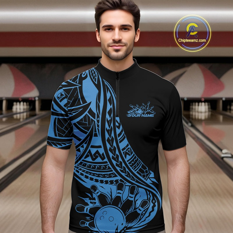 Custom Black And Blue Maori Style Koru Spiral Tribal Men Bowling Quarter-Zip Team Shirt IPHW10962